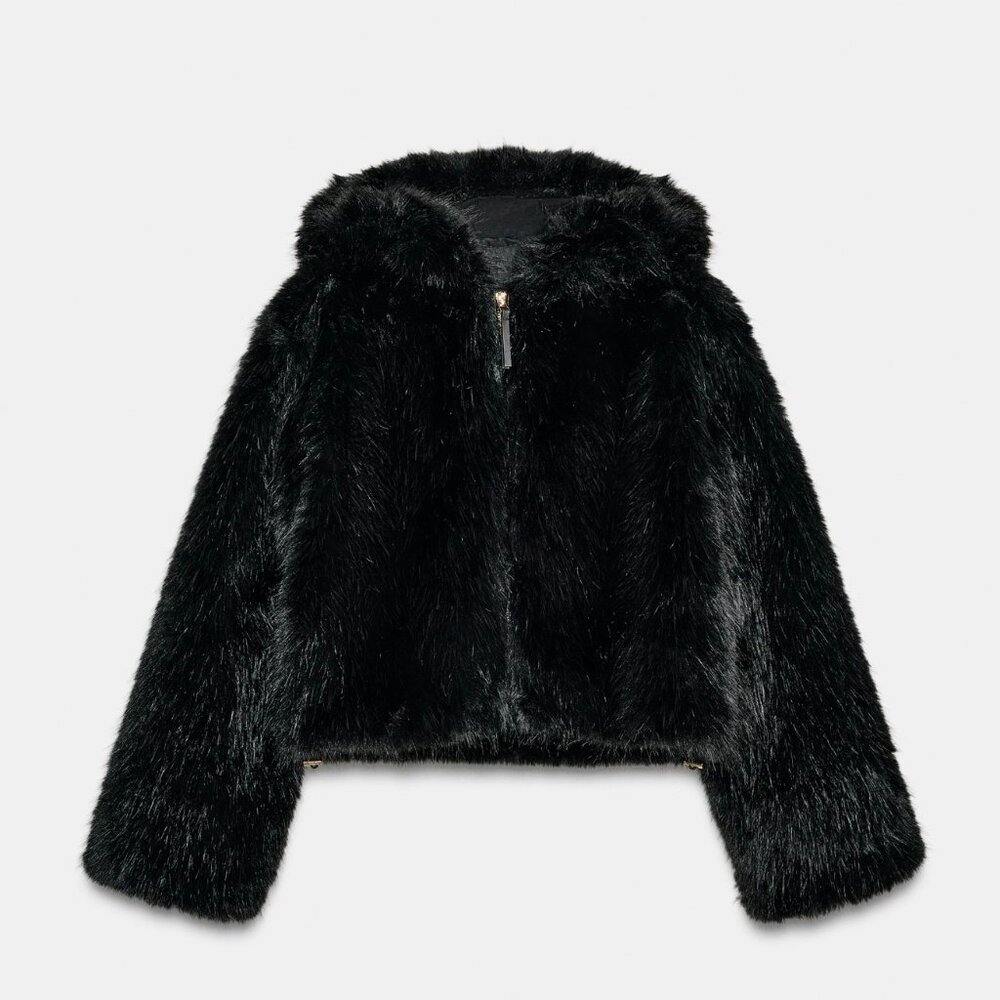 Zara Faux Fur Cropped Hooded Jacket - Black - Women's Size XXL - NWT